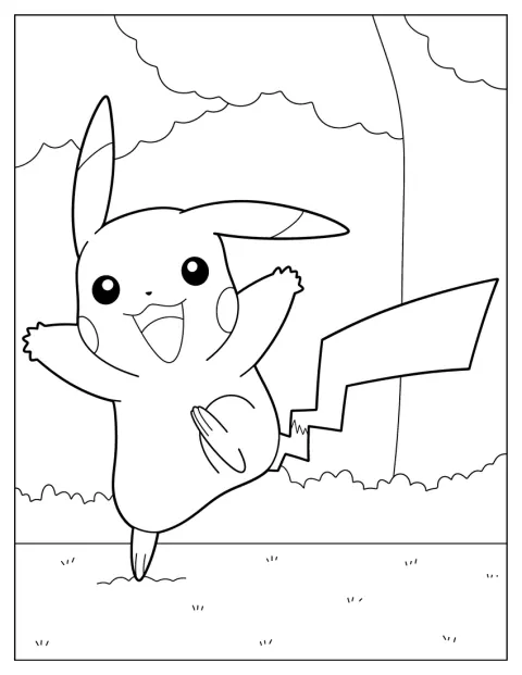 Pikachu si hravě vykračuje s veselým výrazem.