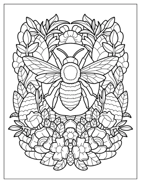 Bee Coloring Page Of Surrounded By Flowers And Leaves