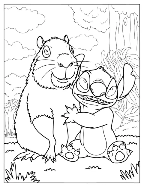 Stitch stringe forte un capibara dal pelo folto.
