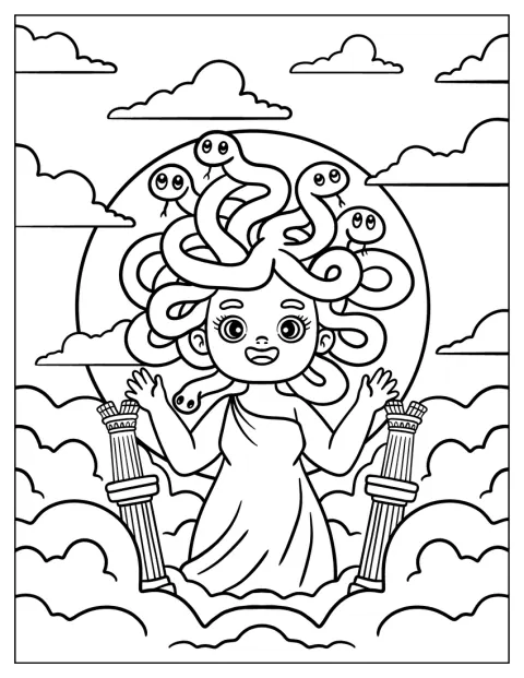A sorridente Medusa bebé está entre nuvens, rodeada por serpentes amigáveis.