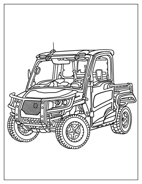 Un John Deere Gator aparece delineado con sus ruedas y asientos.