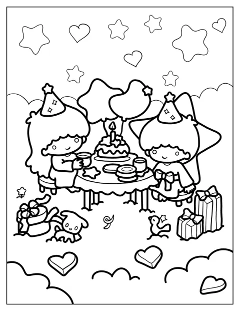 Little Twin Stars Coloring Page Of Kiki And Lala Celebrating Birthday On The Clouds