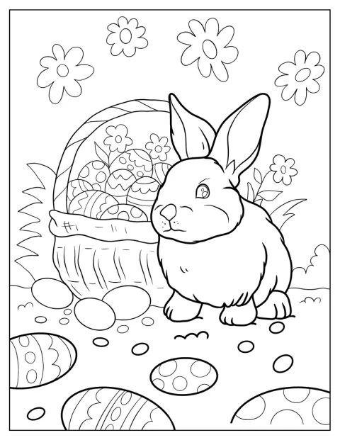 Un lapin réaliste se tient à côté d’un panier rempli d’œufs.