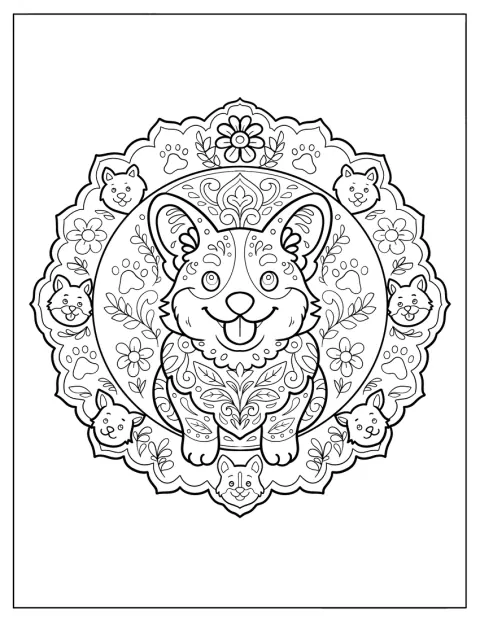 Flores e padrões decorativos formam a imagem de um Corgi.