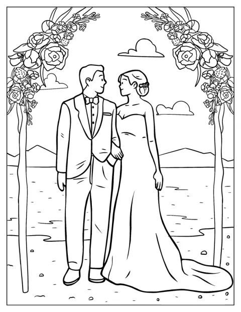 Braut und Bräutigam feiern ihre Hochzeit am Strand.