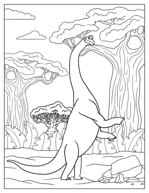 Un Brachiosaurus se ridică pe picioarele din spate, cu gâtul lung întins în sus.