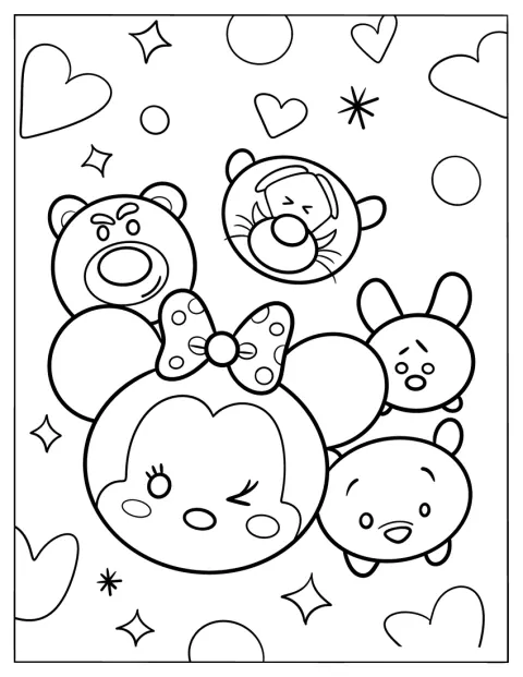 Varios Tsum Tsum de distintos tamaños aparecen juntos.
