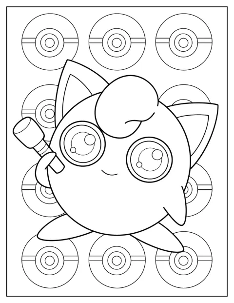 Jigglypuff sorri enquanto segura um microfone.
