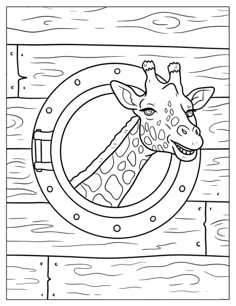 Una giraffa sorridente fa capolino dal ponte dell’arca di Noè.