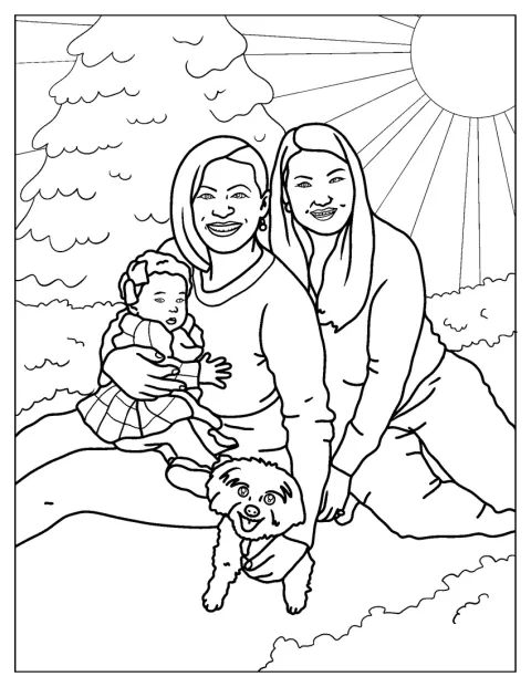 En lesbisk familj står tillsammans i en familjeporträttbild.