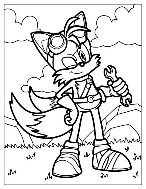 Tails har på seg vernebriller og holder en skiftenøkkel.