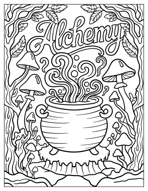 Tajemniczy kocioł otaczają grzyby i napis nawiązujący do alchemii.