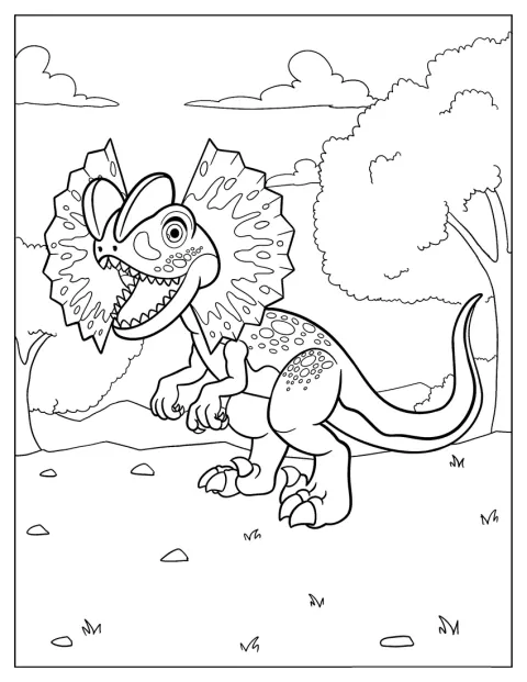 Dilophosaurus se usmívá a kolem hlavy rozevírá svůj límec.