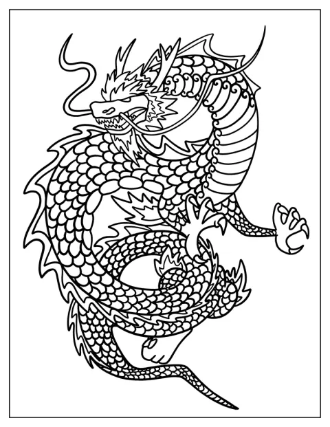 Un dragón de inspiración japonesa luce detalles decorativos en el cuerpo.