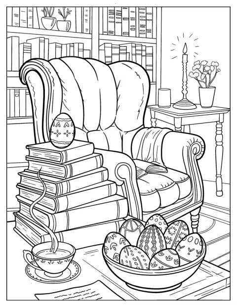 Un fauteuil douillet entouré de livres, de thé et d’œufs invite à la détente.