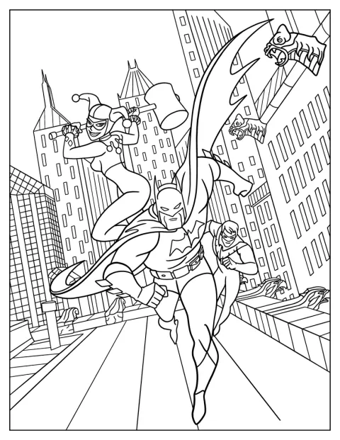 Arlequina está ao lado de Batman e Robin.