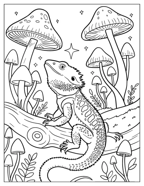 Egy szakállas agáma ül egy farönkön, körülötte gombák nőnek.