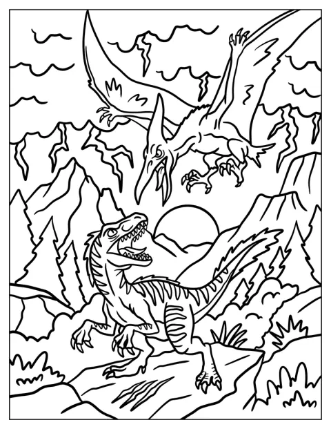 Nas montanhas, um velociraptor ruge para um pterodáctilo que voa por cima.