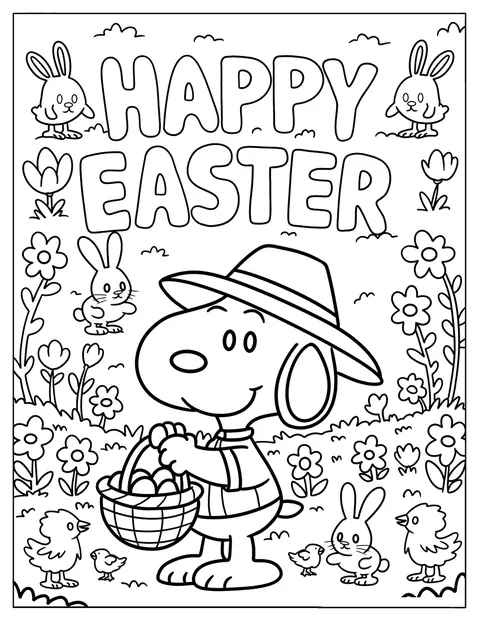 Snoopy busca y recoge huevos de Pascua entre las flores del jardín.
