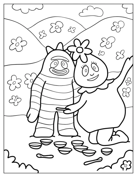 Yo Gabba Gabba Coloring Page Easy Brobee And Foofa In Flower Field For Kids