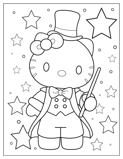 Hello Kitty csillagok között, varázslatos öltözékben látható.
