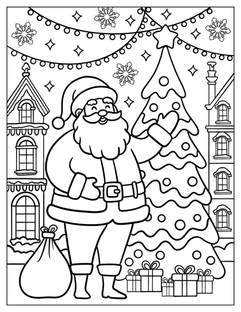 Tomten står bredvid en pyntad julgran med julklappar vid foten.