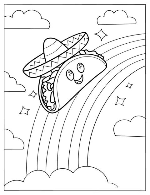 Un taco con sombrero sube por un arcoíris.
