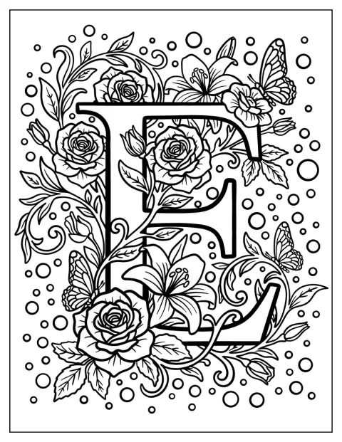 Rosas e borboletas decoram uma letra E elegante com serifa.
