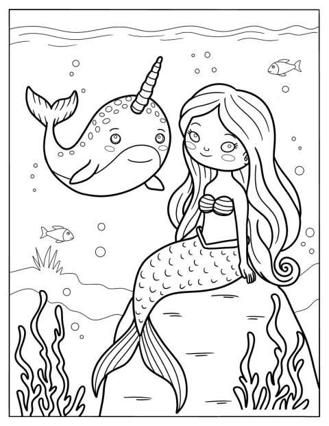 En søt havfrue møter en narhval under havoverflaten.