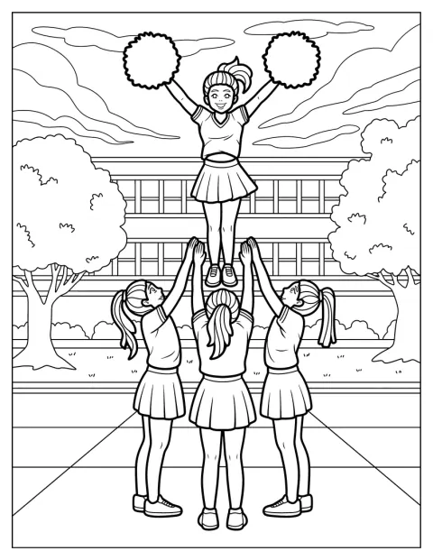 Cheerleaders utför ett tvåbenslyft utomhus vid skolan.