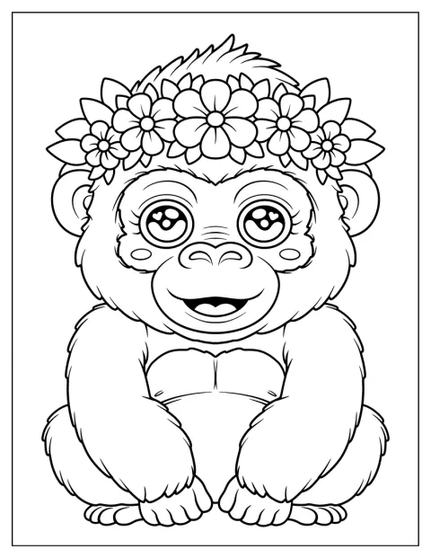 Um gorila sorridente usa uma coroa feita de flores.