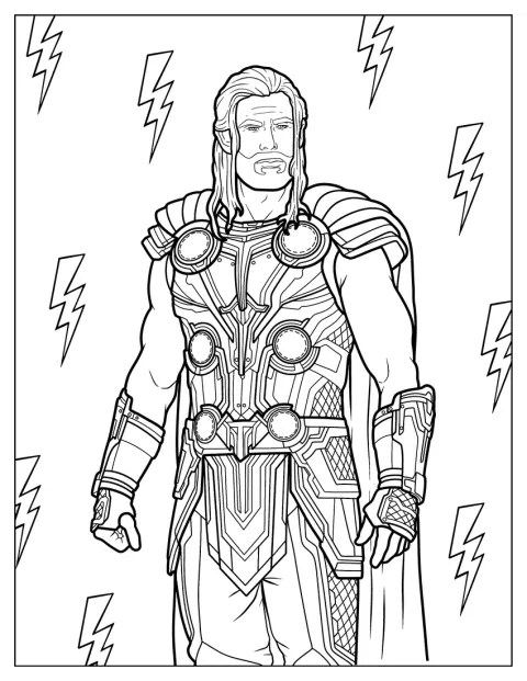Thor viste una armadura elaborada mientras los rayos caen a su alrededor.