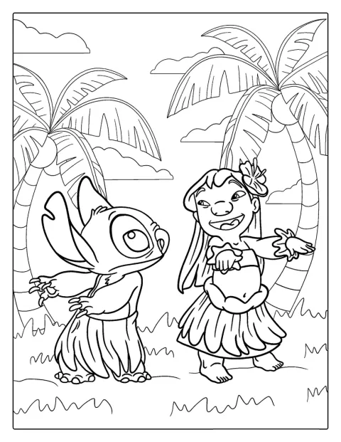 Lilo bringt Stitch bei, wie man Hula tanzt.