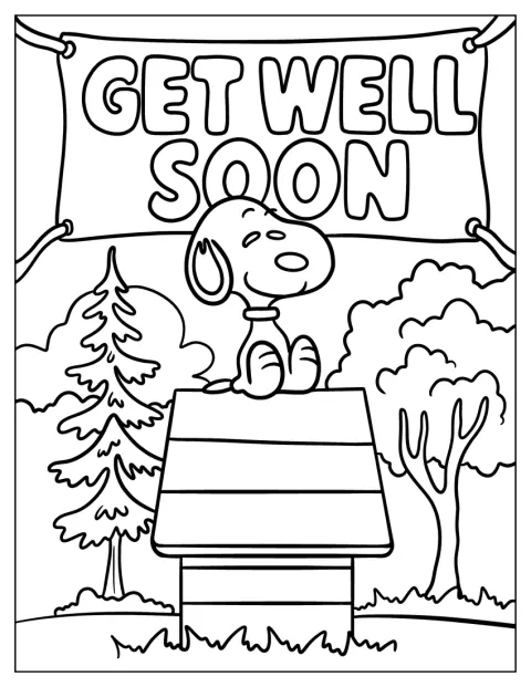 Snoopy sidder under et God bedring-banner mellem træerne i skoven.