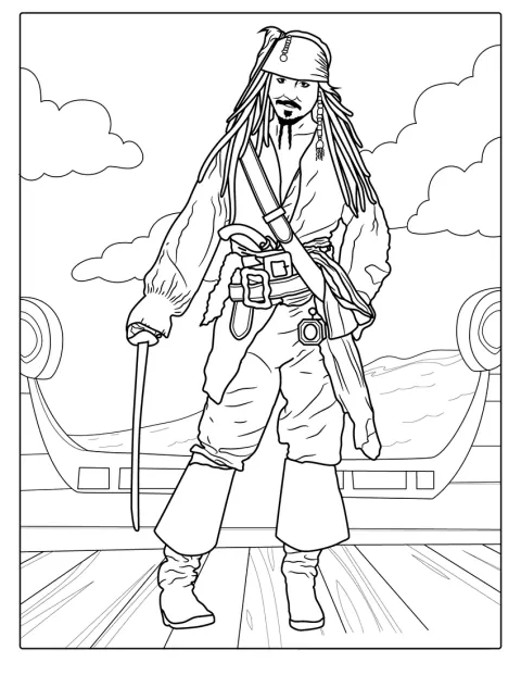 Il pirata Capitan Jack Sparrow posa con il suo abbigliamento caratteristico.