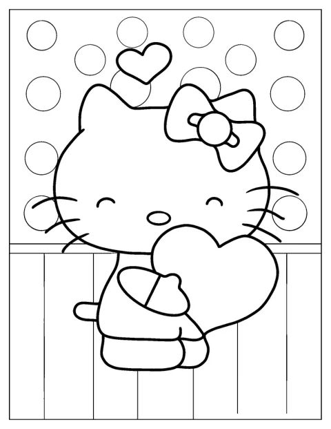 Hello Kitty przytula do siebie duże serce.