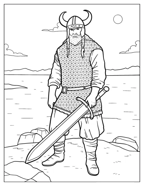 Um viking empunha uma espada grande enquanto está de pé num penhasco.