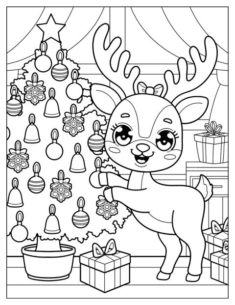 Un reno de estilo chibi coloca adornos en un árbol navideño.