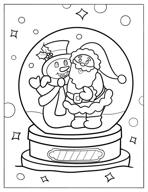 O Pai Natal e um boneco de neve aparecem juntos dentro de um globo de neve.