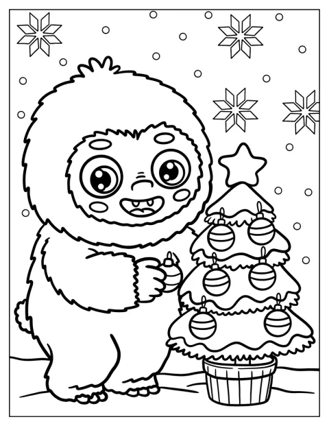 Un piccolo Yeti addobba un minuscolo albero di Natale.