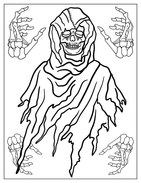 Uma figura assustadora de esqueleto e fantasma usa uma capa rasgada.