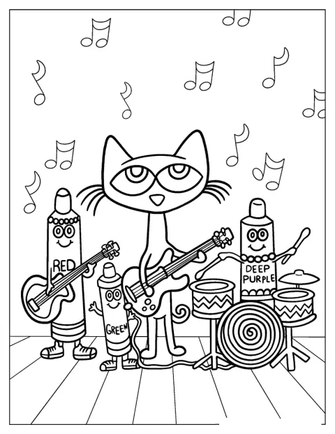 Pete the Cat toca en una banda junto a otros músicos.