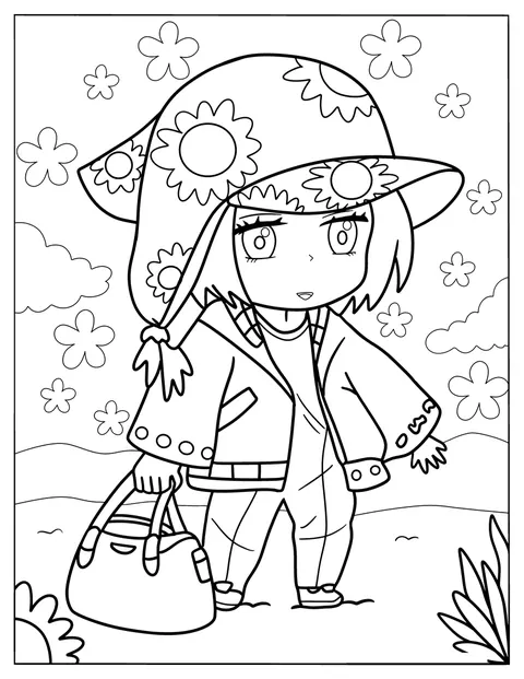 Une fille chibi au style hippie porte un chapeau orné de fleurs.
