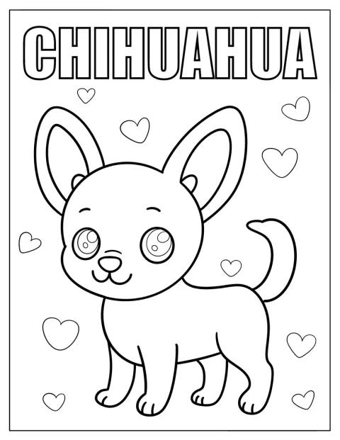 En chihuahua er omgivet af hjerter og kærlighedstekst.