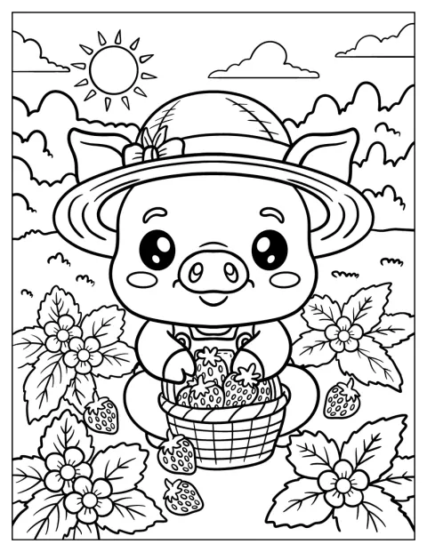 Mit Sonnenhut erntet ein Schwein Sonnenblumen und legt sie in einen Korb.