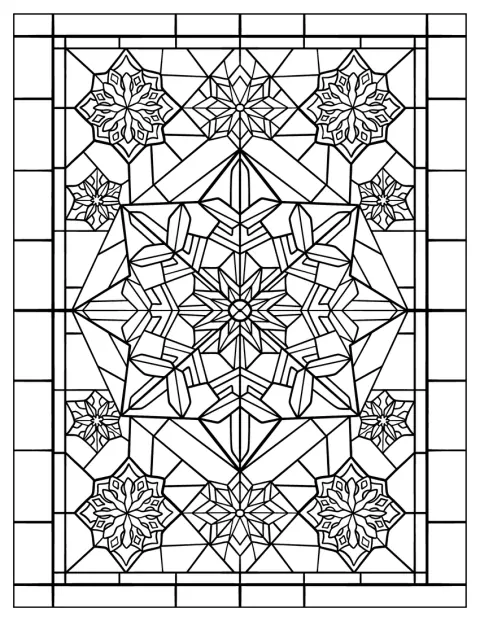 Ein symmetrisches Schneeflocken-Mandala füllt ein Muster im Stil eines Glasfensters.