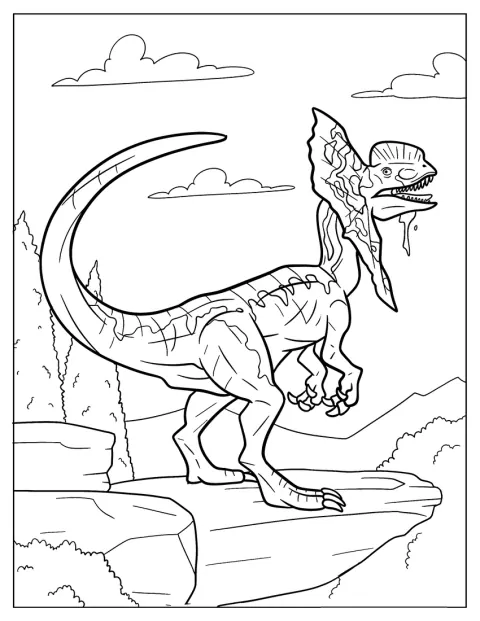En realistisk Dilophosaurus står på en klippe.