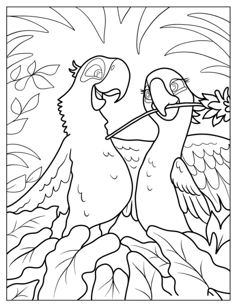 Blu y Jewel están juntos en una ilustración sencilla.