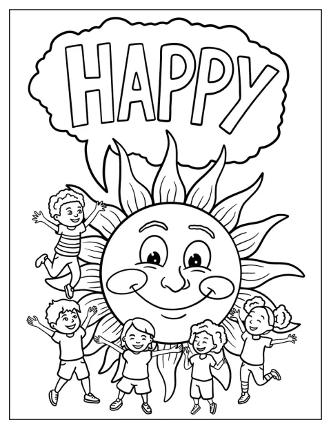 Fröhliche Kinder tanzen gemeinsam im Kreis um die Sonne.