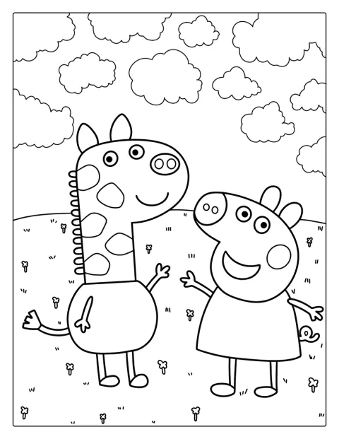 Peppa Gris står sammen med Gerald Sjiraff.